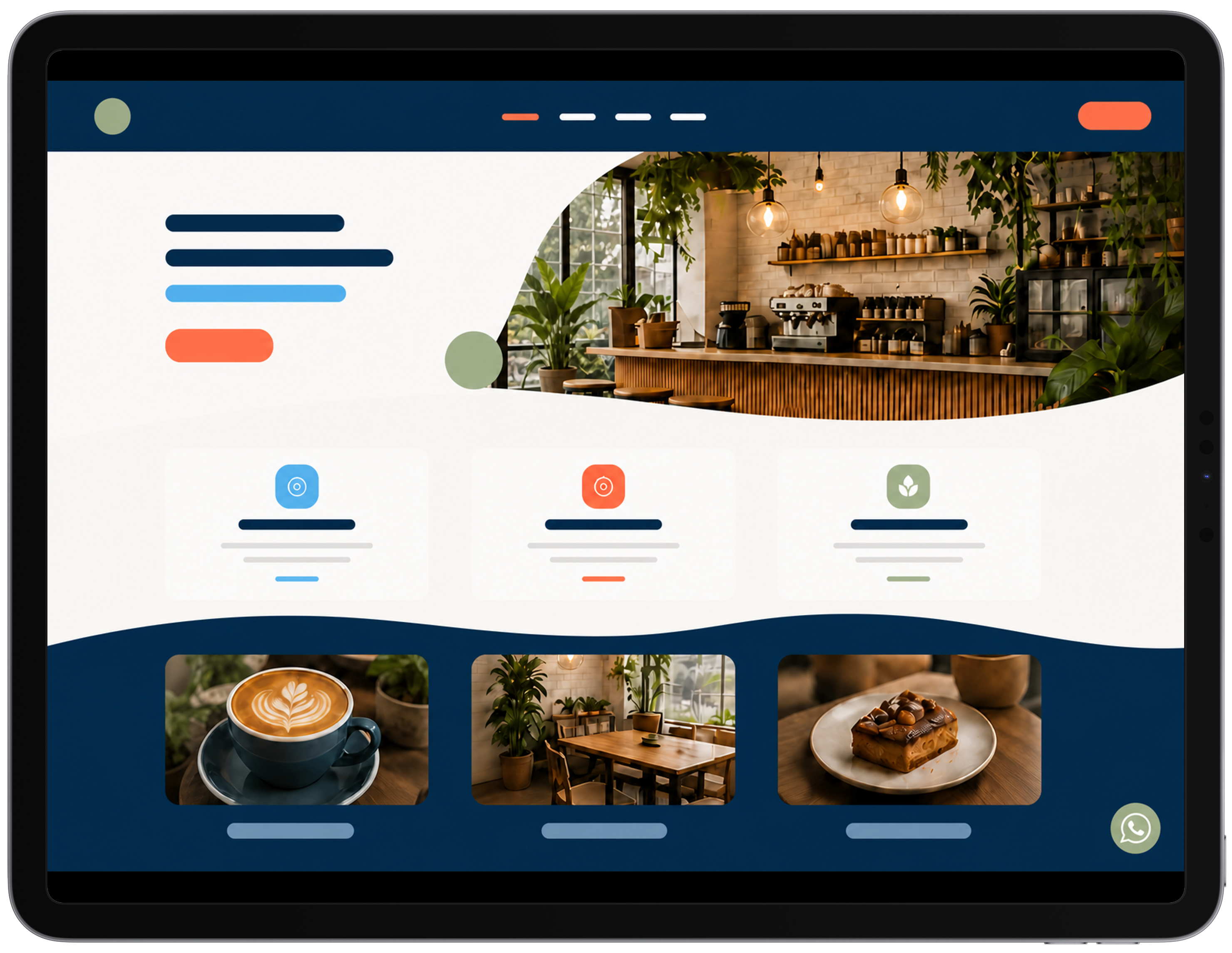 Página web de cafetería presentada en una tablet horizontal
